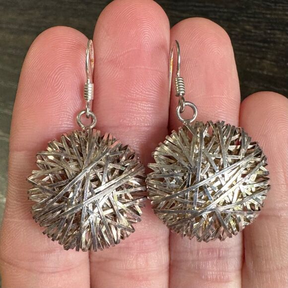 MILOR Italy Sterling Silver 925 Wire Mesh Dangle Earrings Vintage Round Puffy - Picture 10 of 10